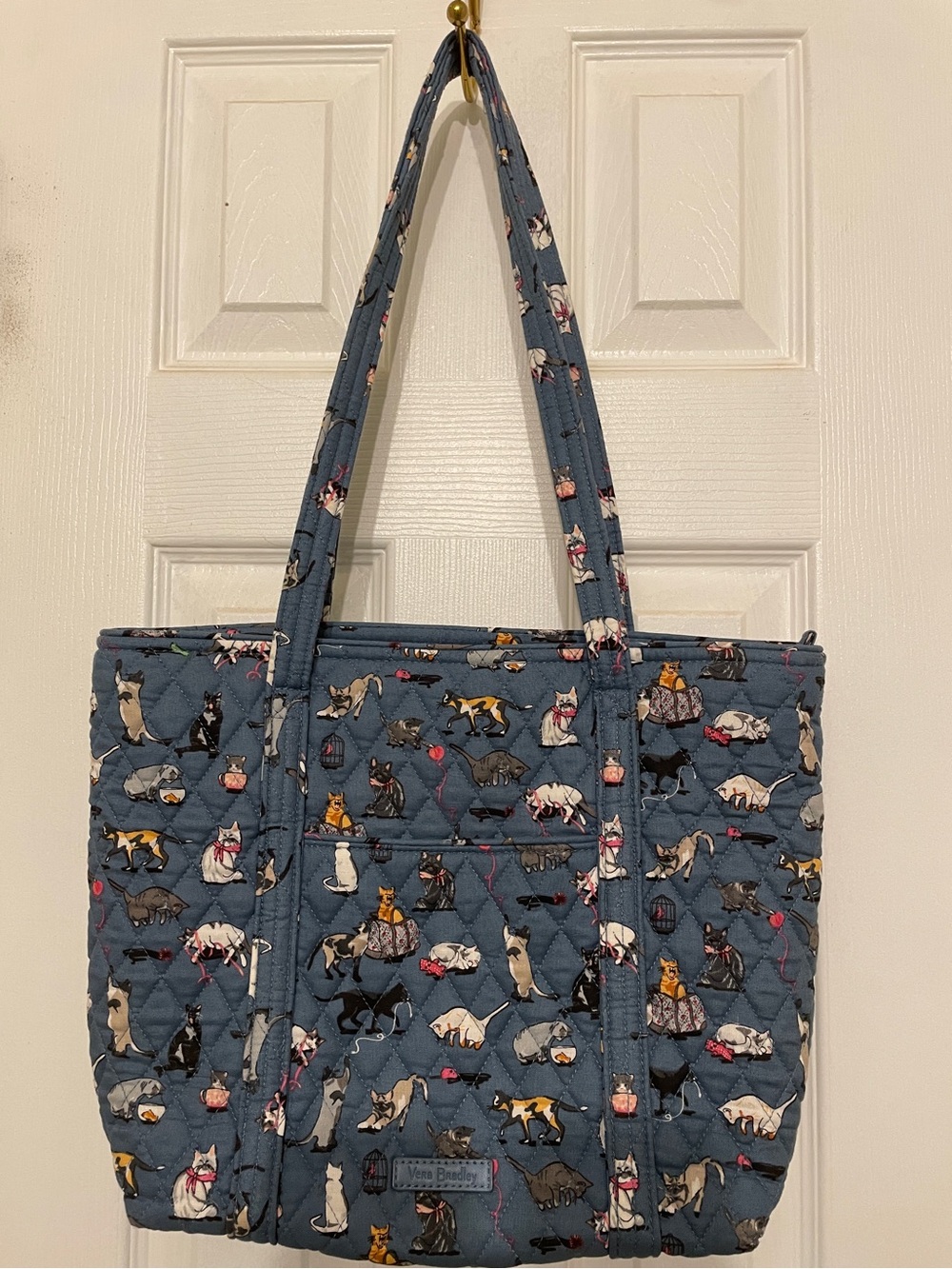 Vera Bradley Slate Blue Quilted Tote with Cat Print